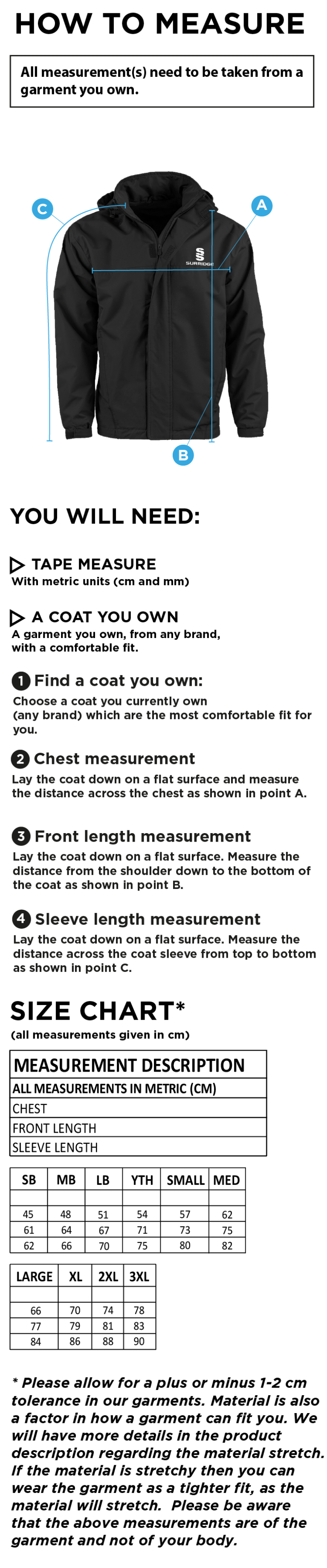Shaurya CC - Fleece Lined Jacket - Size Guide