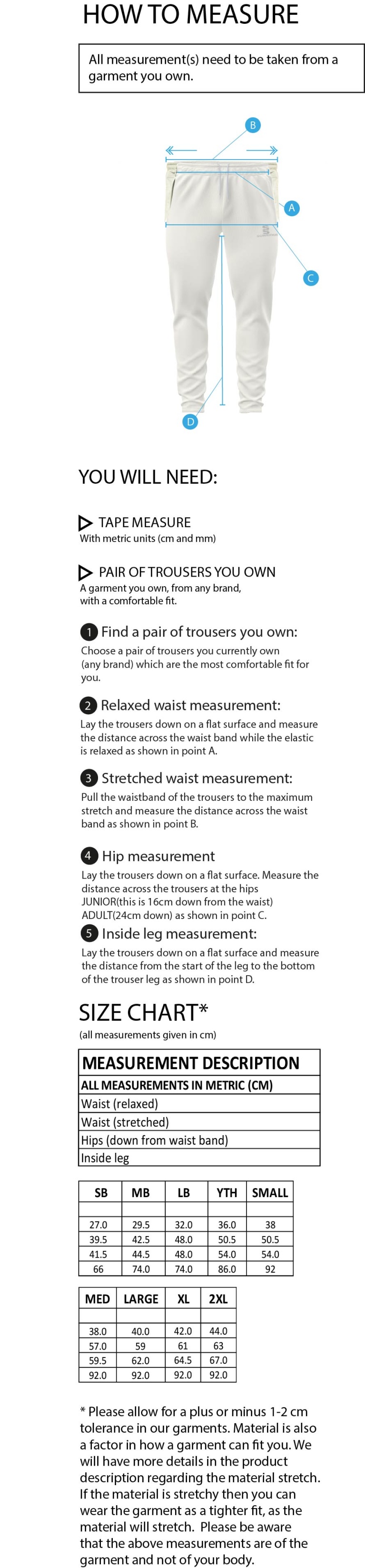 Shaurya CC - Tek Playing Pant - Size Guide