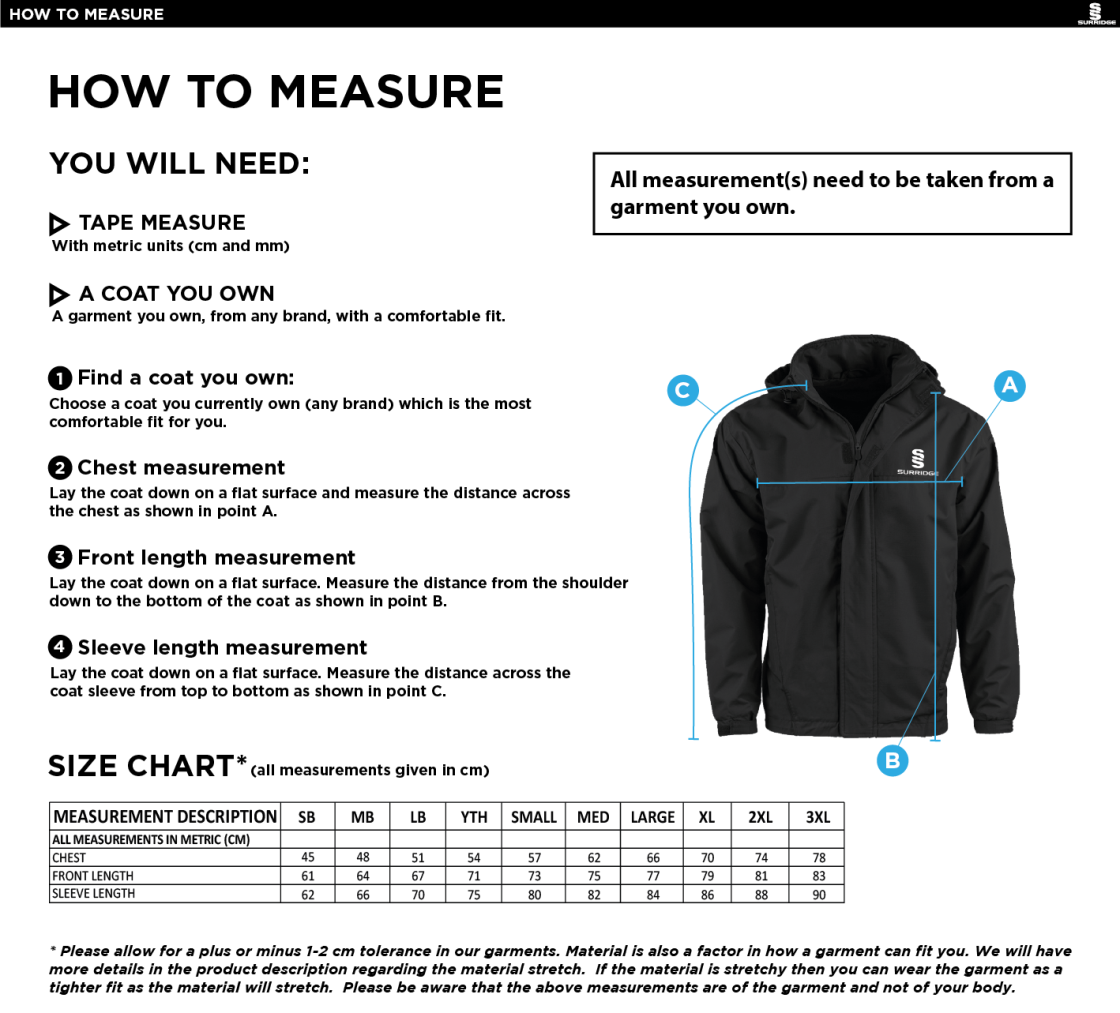 Shaurya CC - Fleece Lined Jacket - Size Guide