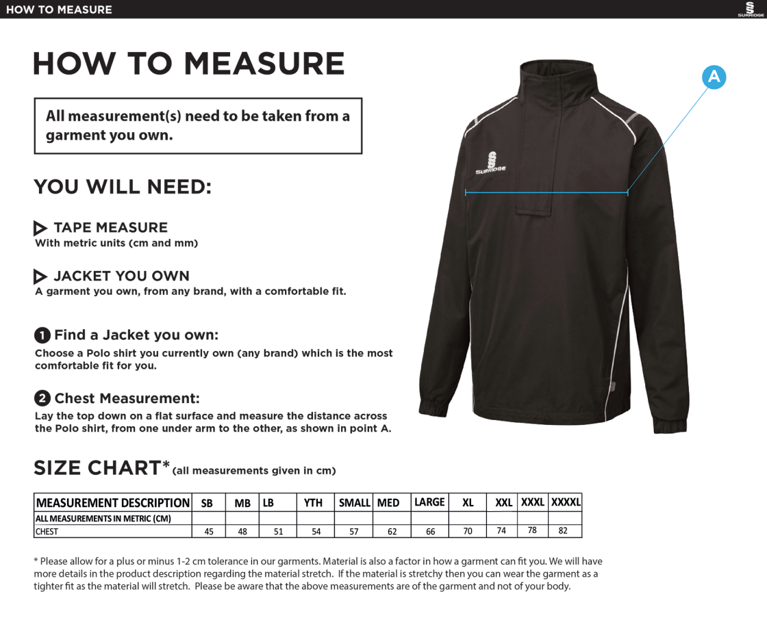 Shaurya CC - Curve 1/4 Zip Rain Jacket - Size Guide