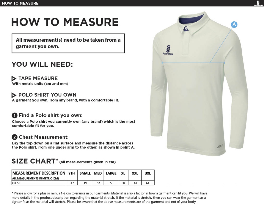 Shaurya CC - Ergo Long Sleeve Navy Trim Shirt - Size Guide